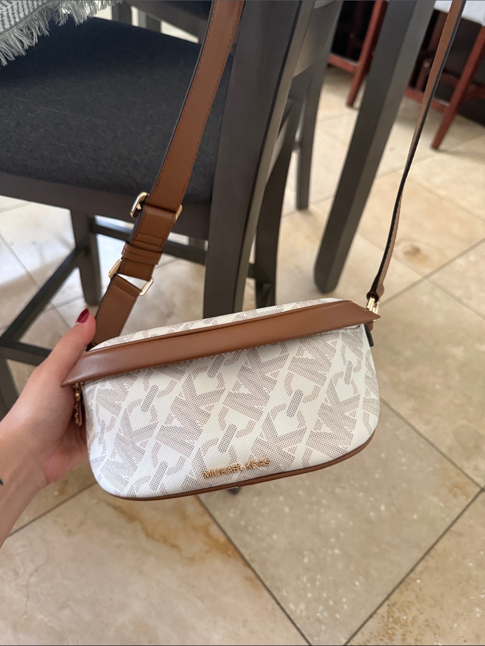 Michael Kors White Logo Crossbody with Brown Trim and Strap